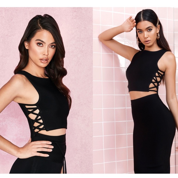 housecb Tops - LIANDRA BLACK BANDAGE CROPPED TOP WITH CRISS CROSS
